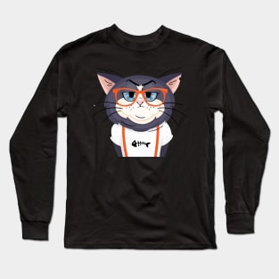 A thinking hipster cat wearing a fishbone picture Long Sleeve T-Shirt